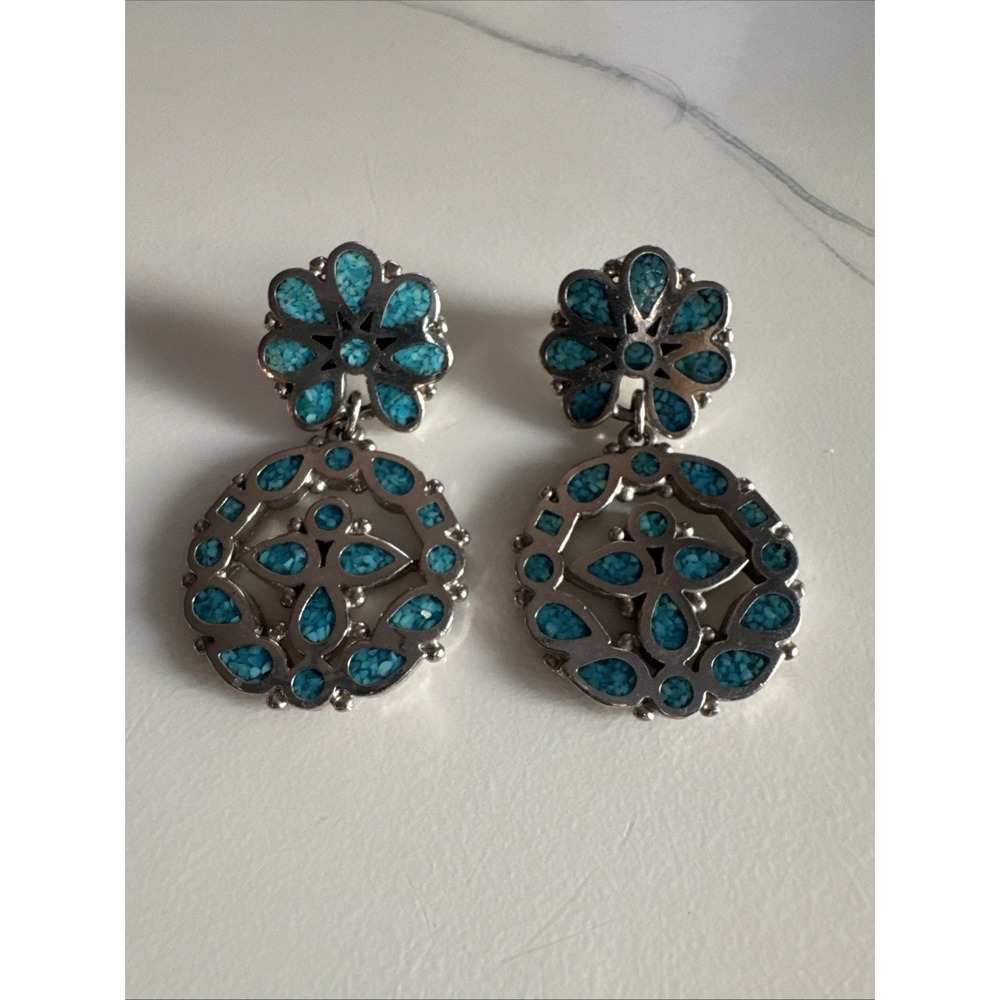 Vintage Trifari Turquoise And Silver Tone Dangle‎ Earrings